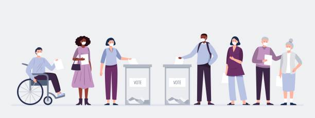 ilustrações, clipart, desenhos animados e ícones de eleitores com máscaras lançando cédulas no local de votação. homens e mulheres colocando cédulas de papel na caixa eleitoral. eleição durante uma pandemia. - voting election voting ballot choice