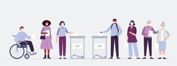 Voters in masks casting ballots at the polling place. Men and women putting paper ballots to election box. Election during a pandemic. Voting and election concept. Vector flat illustration. voting stock illustrations