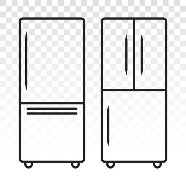 ilustraciones, imágenes clip art, dibujos animados e iconos de stock de refrigerador congelador de doble puerta o icono de arte de línea de nevera - refrigerator appliance domestic kitchen side by side