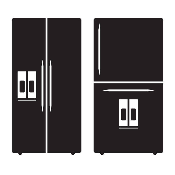 ilustraciones, imágenes clip art, dibujos animados e iconos de stock de refrigerador whirlpool o nevera icono plano para aplicaciones o sitios web - refrigerator appliance domestic kitchen side by side