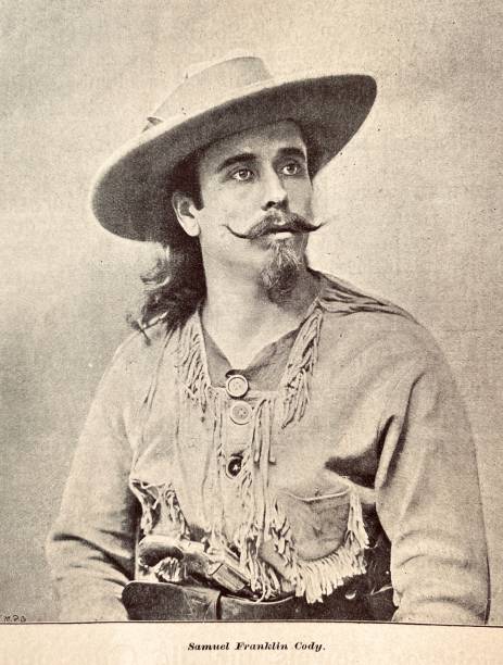 Samuel Franklin Cody, American Wild West show performer, 1867-1913 Samuel Franklin Cody, probably but incorrectly known as Samuel Franklin Cowdery and mistaken for Buffalo Bill, was a famous American Wild West show performer and English aviation pioneer. Illustration from 19th century. vintage cowboy stock illustrations