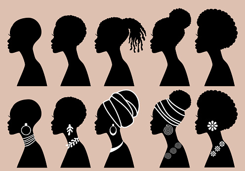Black beauty, African Women, profile silhouettes, vector illustration set