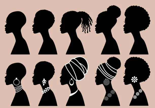 Vector illustration of African Women, black girls, profile silhouettes, vector set