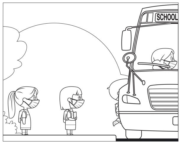 illustrations, cliparts, dessins animés et icônes de noir et blanc, enfants avec des masques sur le bus scolaire - bus child waiting education
