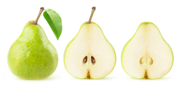 istock Isolated halved green pears in a row 1267158691