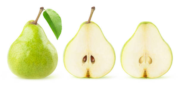 Isolated halved green pears in a row Whole green bartlett pear with leaf and pear halves in a row isolated on white background bartlett pear stock pictures, royalty-free photos & images