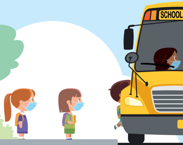 illustrations, cliparts, dessins animés et icônes de enfants avec des masques sur le bus scolaire - bus child waiting education