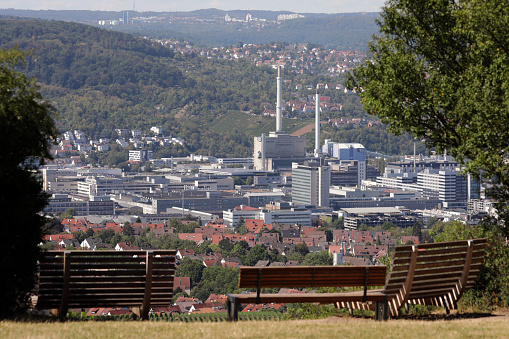 benches to relax with a view of industrial area