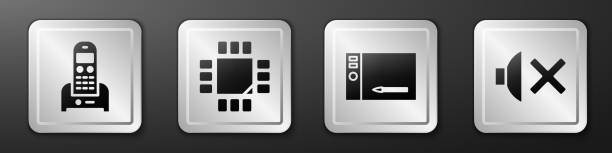 set telefon, prozessor mit mikroschaltungen cpu, grafik tablet und lautsprecher stummschaltung symbol. silber quadratischen knopf. vektor - pill computer telephone cpu stock-grafiken, -clipart, -cartoons und -symbole