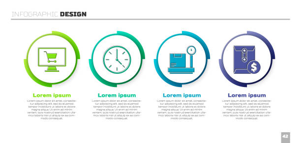 コンピュータ上のショッピングカートを設定, 時計, 段ボール箱とスケールとドル記号と封筒.ビジネスインフォグラフィックテンプレート。ベクトル - envelope mail letter multi colored点のイラスト素材／クリップアート素材／マンガ素材／アイコン素材