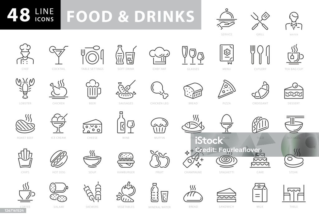 Essen und Getränke Linie Icons. Bearbeitbarer Strich. Pixel perfekt. Für Mobile und Web. Enthält Symbole wie Brot, Wein, Hamburger, Milch, Karotten, Obst, Gemüse - Lizenzfrei Icon Vektorgrafik