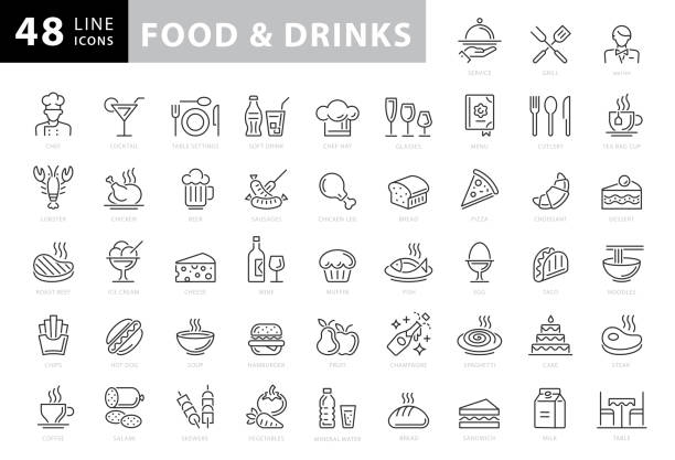 食べ物と飲み物のラインアイコン。編集可能なストローク。ピクセルパーフェクト。モバイルとウェブ用。パン、ワイン、ハンバーガー、牛乳、ニンジン、フルーツ、野菜などのアイコンが� - 食べ物点のイラスト素材／クリップアート素材／マンガ素材／アイコン素材