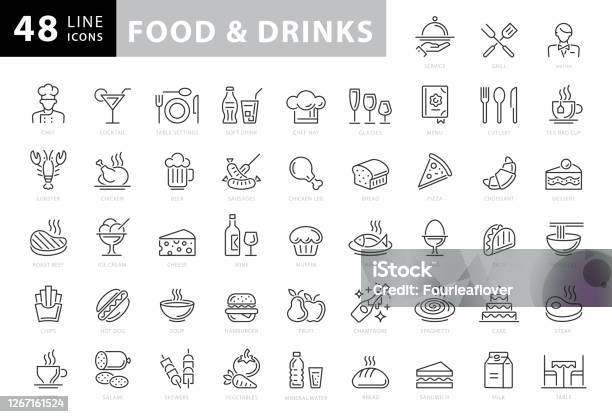 Food And Drinks Line Icons Editable Stroke Pixel Perfect For Mobile And Web Contains Such Icons As Bread Wine Hamburger Milk Carrot Fruit Vegetable Stock Illustration - Download Image Now