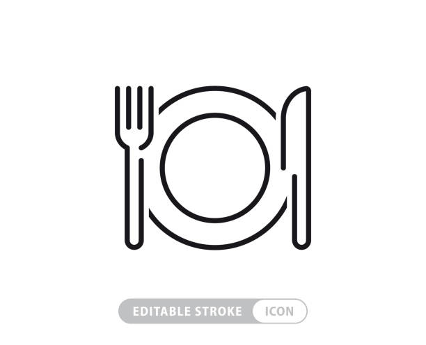 ilustraciones, imágenes clip art, dibujos animados e iconos de stock de meal breaks vector line icon - simple thin line icon, premium quality design element - plate hungry fork dinner