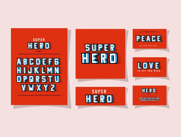 Vector illustration of 3d super hero font lettering and alphabet on red backgrounds vector design