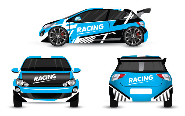 ilustraciones, imágenes clip art, dibujos animados e iconos de stock de carrera realista coche deportivo con vistas delanteras, traseras y laterales - stock car