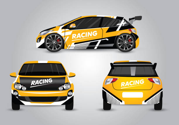 ilustrações, clipart, desenhos animados e ícones de carro esporte de corrida realista com vistas dianteiras, traseiras e laterais - corrida de carro rally