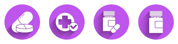 illustrazioni stock, clip art, cartoni animati e icone di tendenza di imposta pillola o compressa medicina, cross hospital medico, bottiglia di medicina e pillole e icona bottiglia medicina con ombra lunga. vettore - pill purple capsule vitamin pill