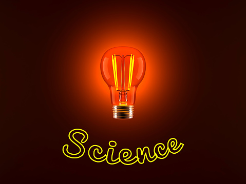 Conceptual 3D rendered illustration of a shining light bulb and the neon lit word Science.