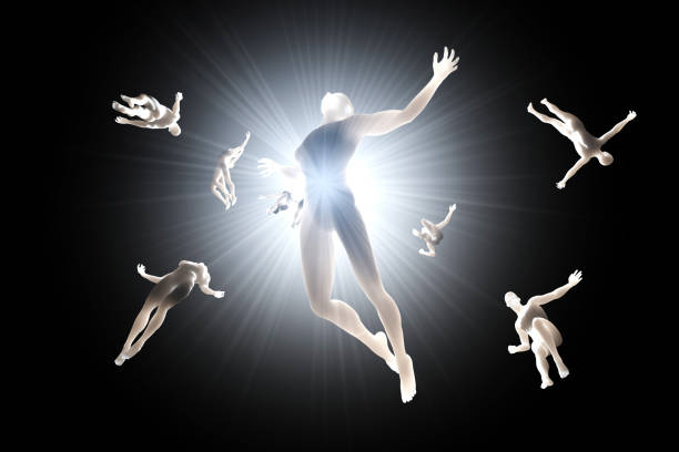 Souls of the deceased streaming into the white light 3D rendered illustration of Souls of deceased People streaming into the white light and afterlife of heaven. reincarnation stock pictures, royalty-free photos & images