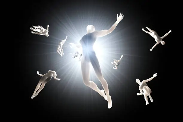 3D rendered illustration of Souls of deceased People streaming into the white light and afterlife of heaven.