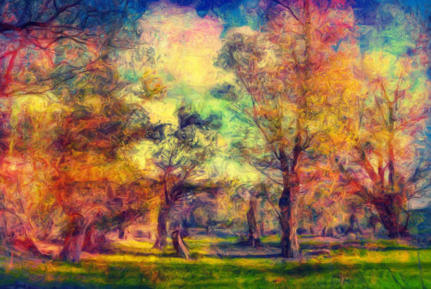 Oil landscape painting showing forest on a sunny day.