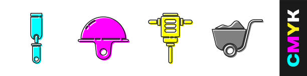 ilustrações de stock, clip art, desenhos animados e ícones de set rasp metal file, worker safety helmet, electric rotary hammer drill and shovel icon. vector - rotary card file