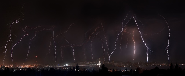 Lightning over San Francisco Bay Area at night