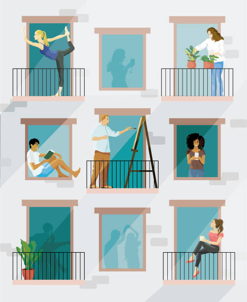 abbildung von menschen, die zu hause bleiben und verschiedene aktivitäten auf ihren balkonen ausüben - balkon stock-grafiken, -clipart, -cartoons und -symbole