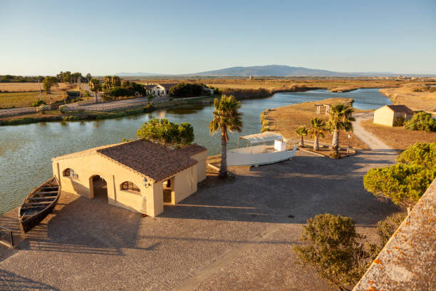 Fishing activities premise  in Cabras photographed end of the day during the golden hour. Sardinia, Italy