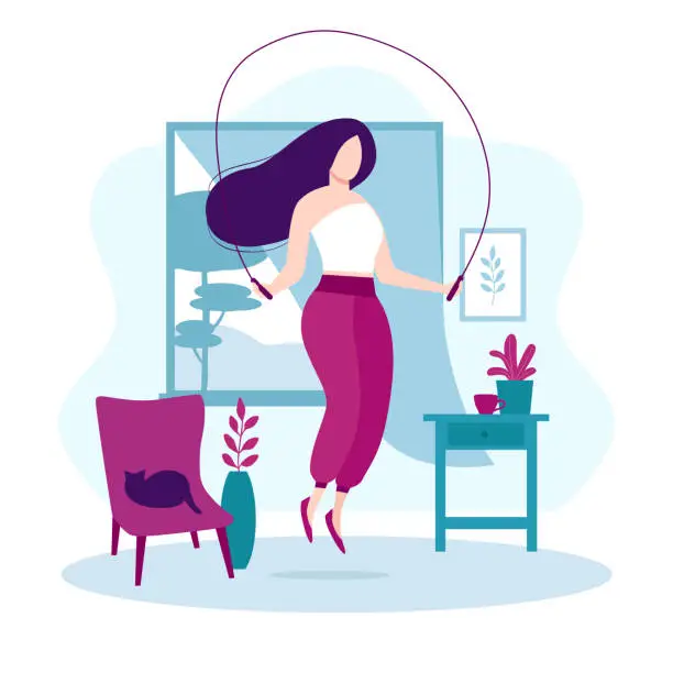 Vector illustration of Fitness and healthy lifestyle. Stay at home concept. Plump girl with long dark hair doing exercises with jumping rope in the room or apartment