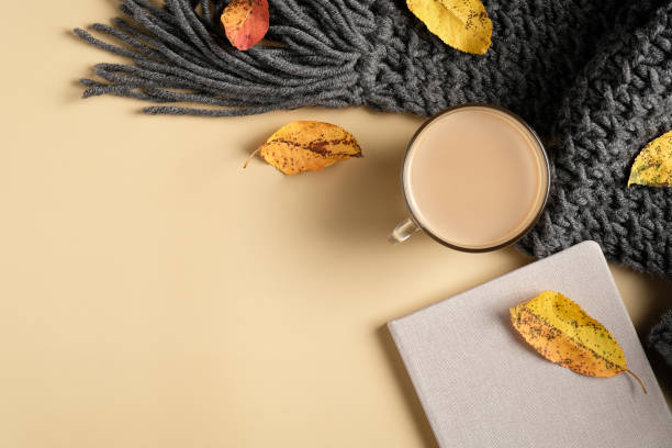 istock Autumn flat lay composition with knitted plaid, coffee cup, paper notebook, fallen leaves on beige background. Hygge style feminine workspace, cozy home office desk. Flat lay, top view. 1267175466