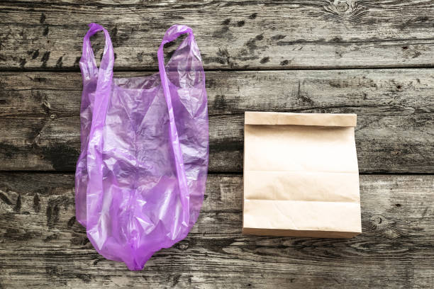Brown clear empty blank craft paper bag and plastic bag on wooden background, Packaging template mock up.Zero waste. Copy space. Advertising area.Save World Concept,No plastic bags.