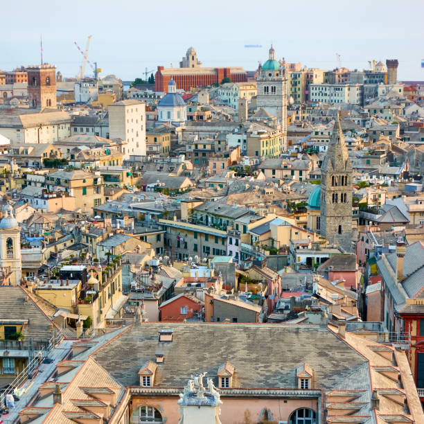 The arial view of center of Genova , Ligurian Sea , Liguria at Italy