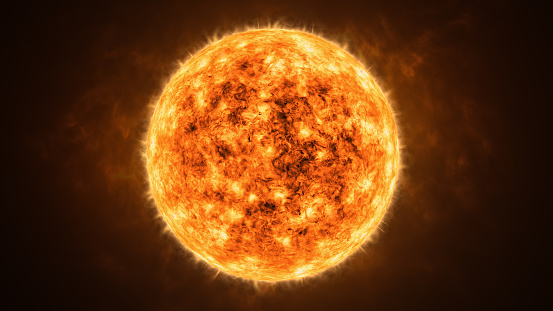 Realistic yellow sun or star closeup 3D rendering illustration.