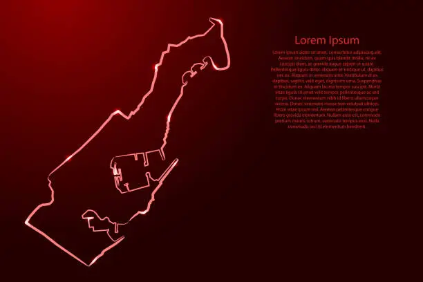 Vector illustration of Monaco map from the contour classic red color brush lines different thickness and glowing stars on dark background. Vector illustration.
