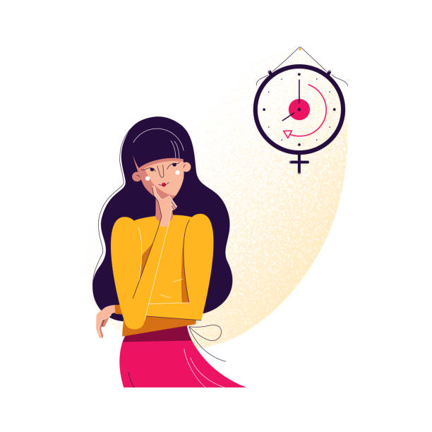 Biological clock concept. Woman looking at watch, symbol of biological life countdown. Feminine reproductive and fertility level decreasing with time, vector illustration in modern flat design Biological clock concept. Woman looking at watch as symbol of biological life countdown. Feminine reproductive and fertility level decreasing with time, vector illustration in modern flat design allegory painting illustrations stock illustrations