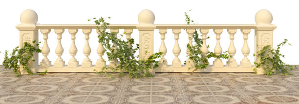 Balustrade entwined with ivy on a white background 3d rendering.Balustrade with green leaves