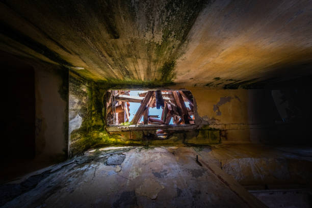 istock Lost place abandoned hall with broken roof and moss, mold 1267181579
