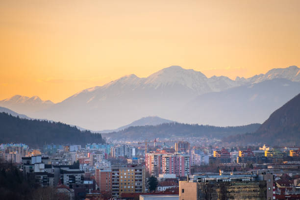istock View over Ljubljana with sunset to mountain range 1267181621
