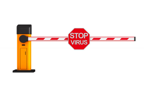istock automatic barrier with sign stop virus on white background. Isolated 3D illustration 1267182385