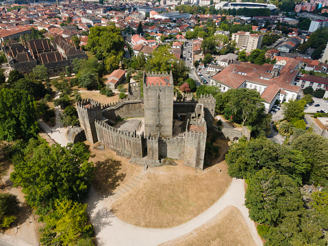 Guimarães, Portugal 28/7/2020: Guimarães Castle is connected to the birthplace of Portuguese nationality, it was here that King D. Afonso Henriques was born and founded the county of Portugal and the struggles for the independence of Portugal against the kings of Castile.\