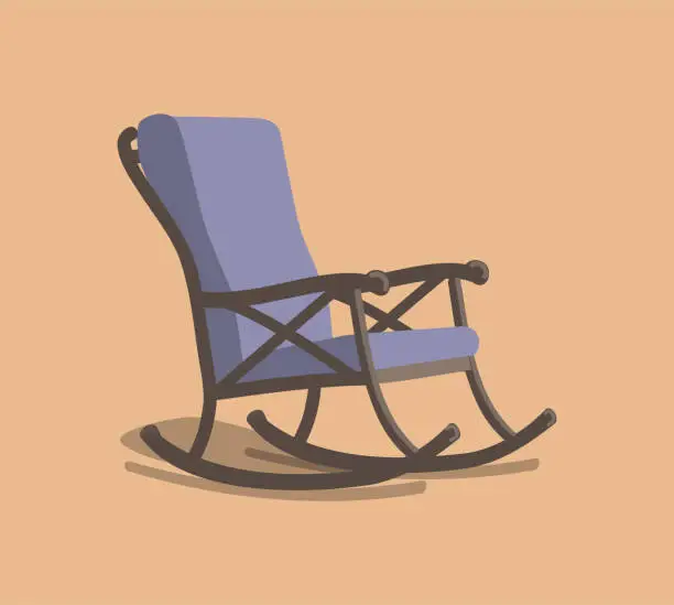 Vector illustration of painted purple rocking chair with brown body with shadow on orange background