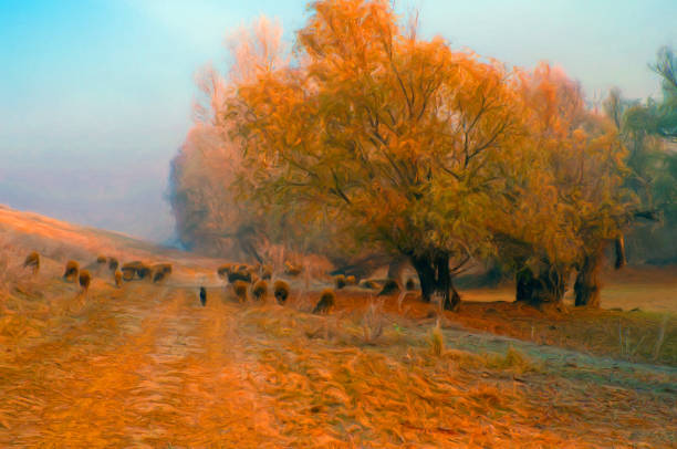 pintura da paisagem a óleo - autumn sky blue treetop - fotografias e filmes do acervo