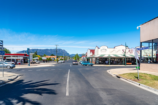 Sheffield, Tasmania, Australia - December 9, 2019: The street view. Mural graffiti was painting on the wall at the street in Sheffield town, Tasmania, Australia.