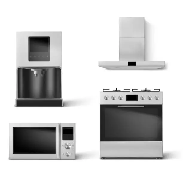 Vector illustration of gas oven, hood, microwave and coffee machine set