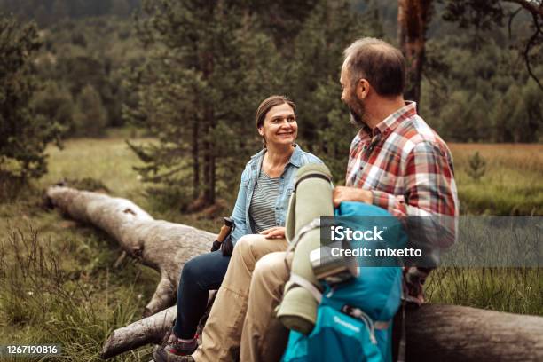 Wanderpaar Entspannt Auf Umgestürztem Baum Stockfoto und mehr Bilder von 45-49 Jahre - 45-49 Jahre, Abenteuer, Aktiver Lebensstil