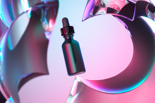 istock Blank Template of Oil Dropper on Multicolored Abstract Background With Gradient Glossy Geometric Figures. 3d rendering 1267193264