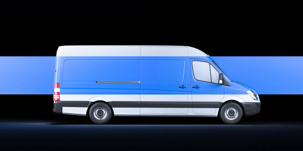 istock White Van With Blank Blue Stripe Isolated On Black Background. Fast Delivery In Quarantine Time. 3D Rendering 1267193383