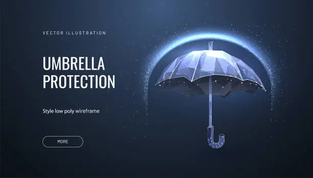 Vector illustration of Umbrella shield. Low poly wireframe style. The concept of protection and isolation from external risk factors. Polygonal abstract isolated on blue background. Vector